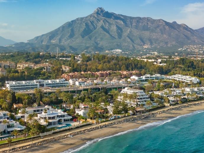 Panorama de la côte de Marbella : propriétés exclusives en bord de mer et dans le cadre naturel de Sierra Blanca, investissement immobilier haut de gamme.